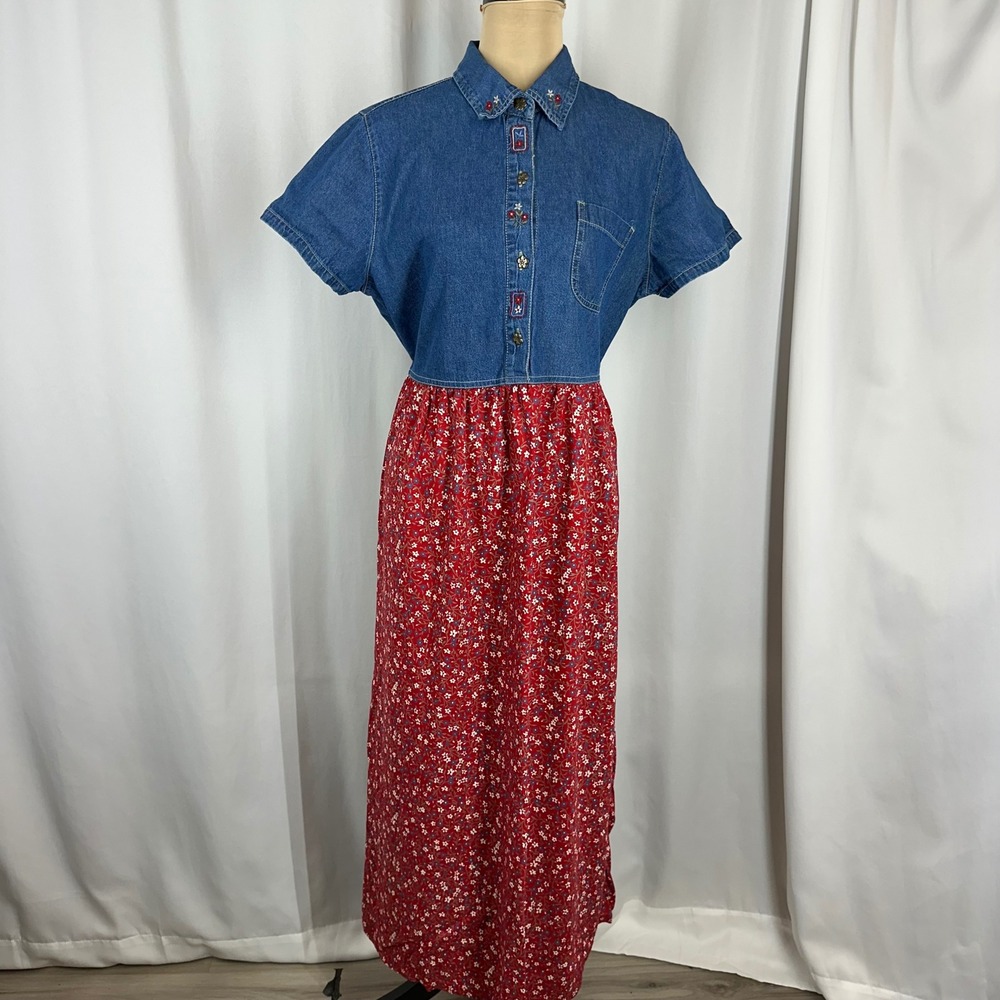 Bobbie Brooks Denim Floral Shirt Dress Size L Red Blue Cottagecore
